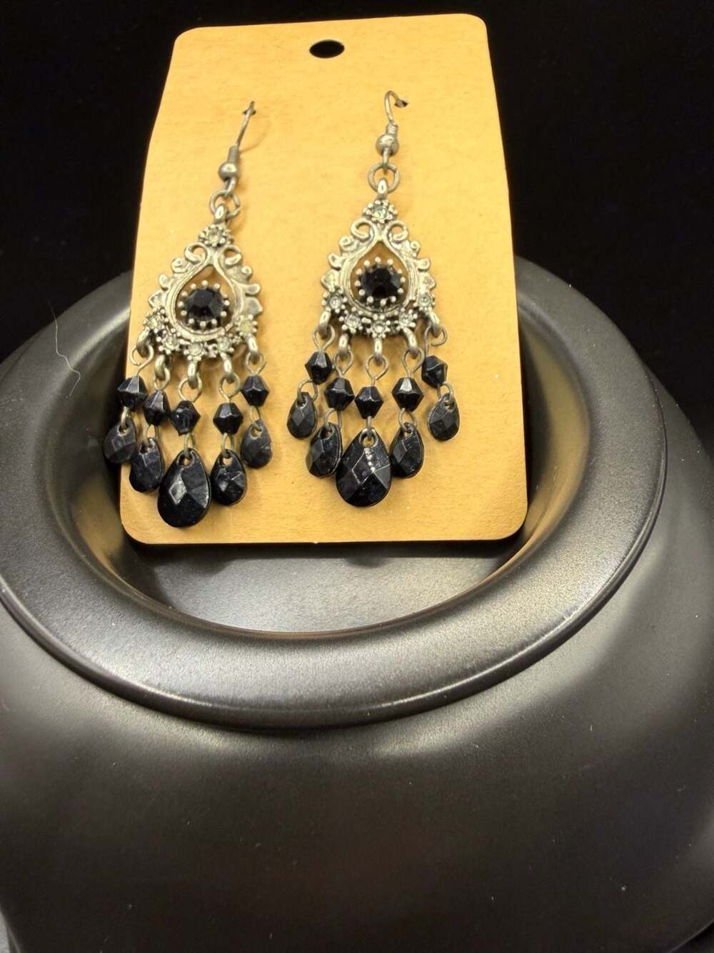 Vintage Style Silver Tone Chandelier Earrings with Black Beads and Crystals